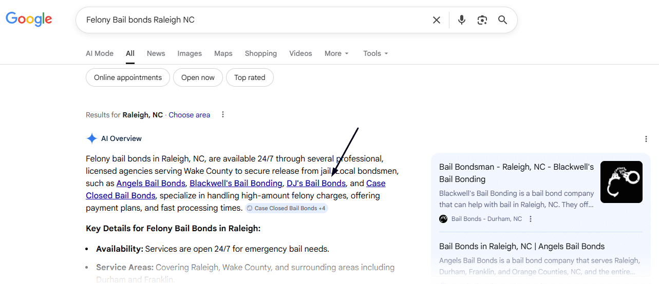 Felony bail bonds query: #1 AI position post-optimization.