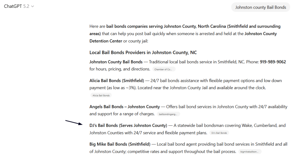 Chat GPT Recommends Djs Bail Bonds in Ai search for Johnston County Bail Bonds