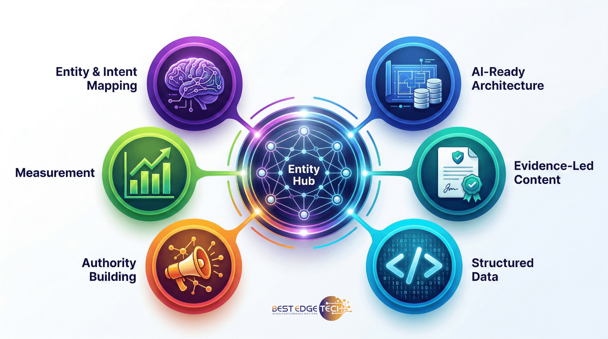 A high-impact, professional horizontal infographic of "The EDGE GEO™ Method" featuring a central glowing "Entity Hub" connected to six vibrant, color-coded phases: Entity & Intent Mapping (purple), AI-Ready Architecture (blue), Evidence-Led Content (teal), Structured Data (cyan), Authority Building (orange), and Measurement (green).