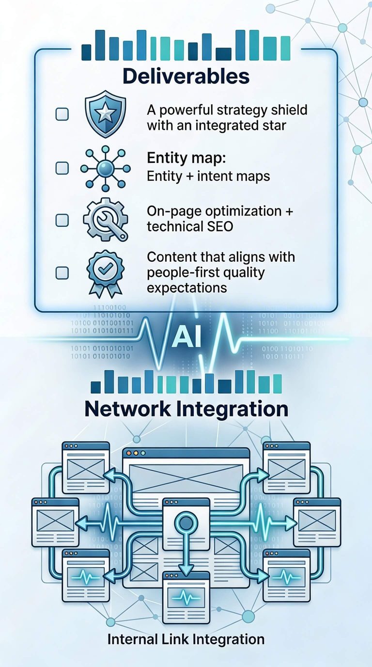 A vertical infographic divided into two sections. The top section, titled "Deliverables," features a checklist including a strategy shield, entity map, gear icon for on-page optimization, and a verified document seal for people-first content. The bottom section, titled "Network Integration," shows a website wireframe with glowing blue pulse lines connecting multiple sub-pages to represent "Internal Link Integration."