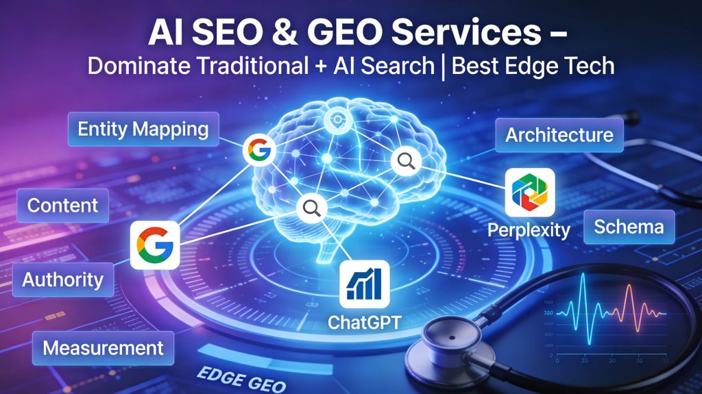 Futuristic AI SEO and Generative Engine Optimization banner featuring digital dashboard with glowing neural network connecting Google, Perplexity, ChatGPT icons and EDGE GEO phases for Best Edge Tech services.