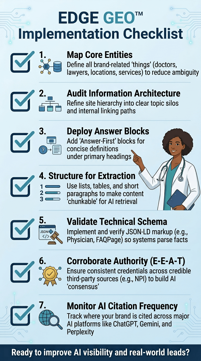 Vertical infographic: EDGE GEO Implementation Checklist for medical practices featuring 7 steps with icons—Map Core Entities, Audit Information Architecture, Deploy Answer Blocks, Structure for Extraction, Validate Technical Schema, Corroborate Authority E-A-T, Monitor AI Citation Frequency—plus female doctor illustration and blue gradient background.