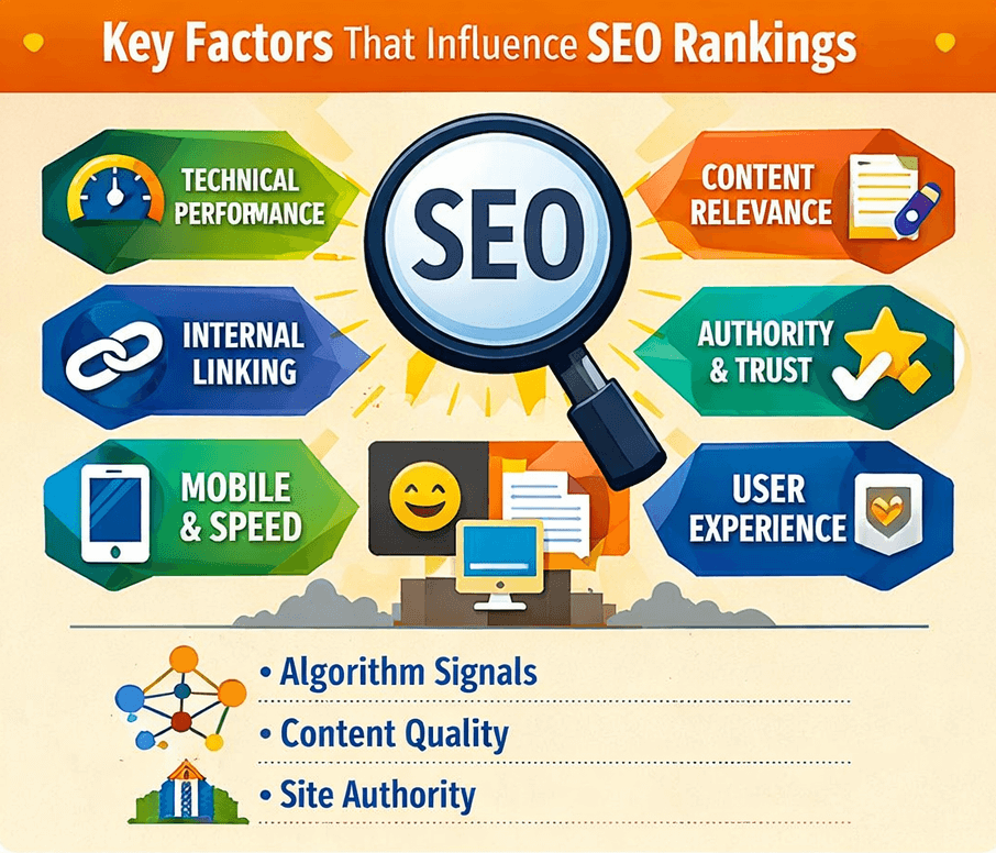 Infographic showing key factors that influence SEO rankings including technical performance, content relevance, internal linking, authority signals, mobile optimization, and user experience.
