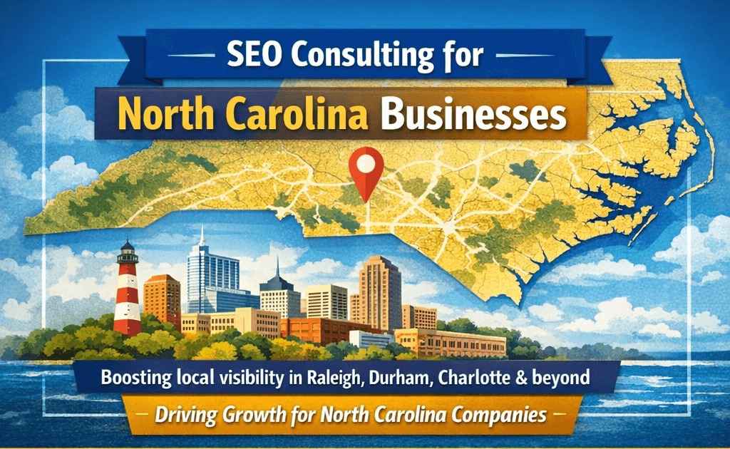 SEO Consulting for North Carolina Businesses infographic showing local analysis, technical SEO, and content strategy to improve search visibility in NC markets.