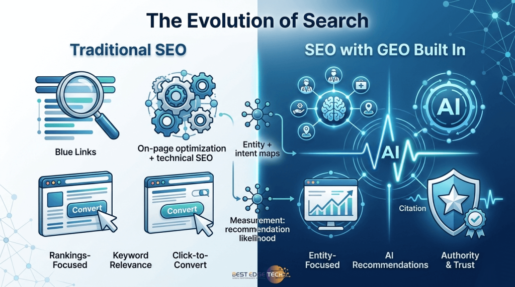 A professional horizontal infographic titled "The Evolution of Search" comparing "Traditional SEO" on the left and "SEO with GEO Built In" on the right. The left side features icons for magnifying glasses, blue links, and click-to-convert buttons. The right side features a glowing AI pulse, an entity map, and an authority shield representing AI citations and recommendations.