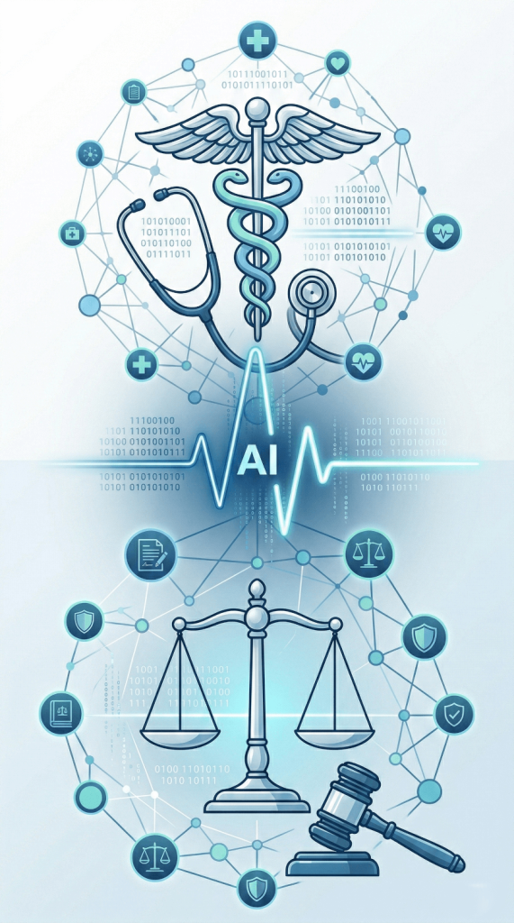 A vertical professional illustration divided into two sections by a central glowing "AI" pulse line. The top section features a medical caduceus and stethoscope integrated with digital data nodes, representing Medical GEO services. The bottom section features a legal balance scale and gavel integrated with a digital network, representing Legal GEO services.