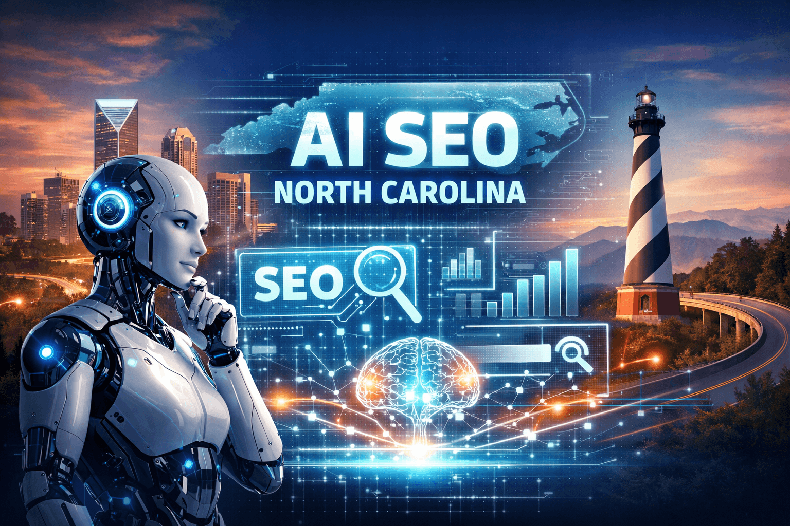 AI SEO in North Carolina showing a futuristic robot analyzing SEO data with the Charlotte skyline, Cape Hatteras lighthouse, and Blue Ridge Mountains