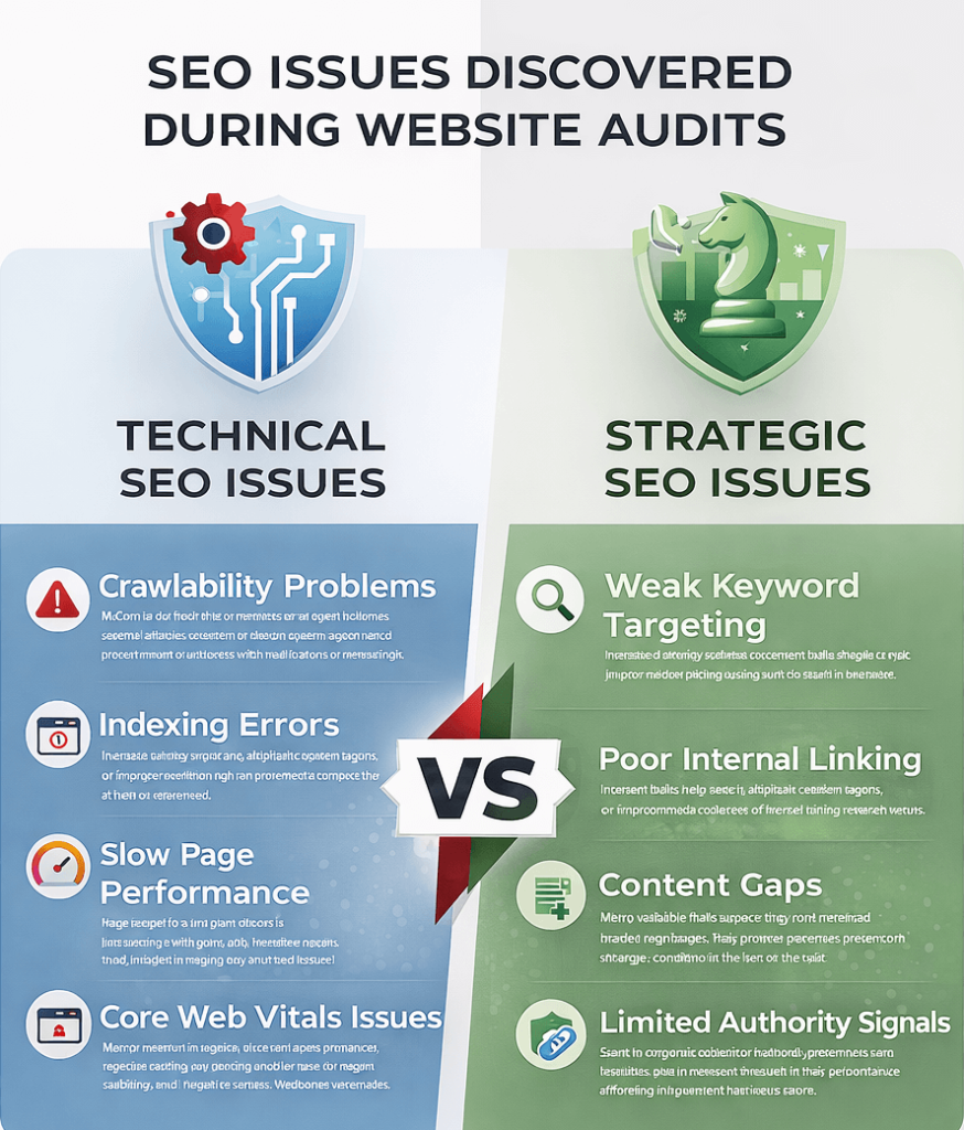 Infographic comparing technical SEO issues and strategic SEO issues discovered during website audits, including crawlability problems, indexing errors, keyword targeting issues, and internal linking problems.