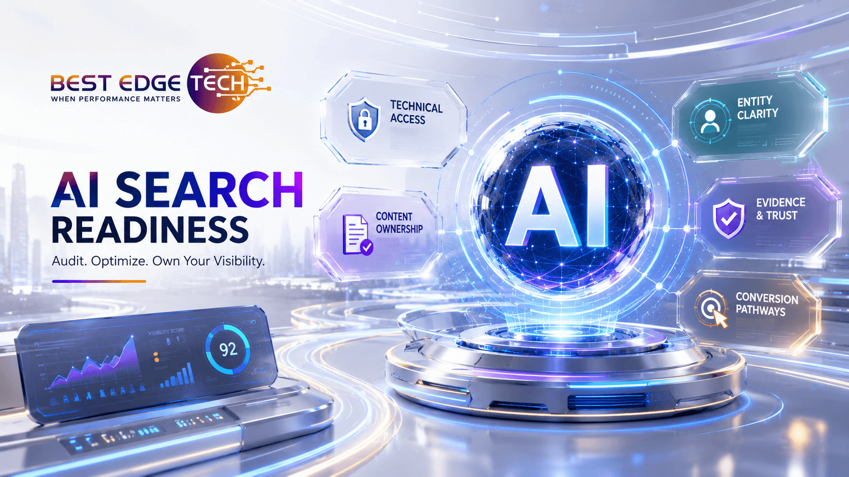 AI search readiness audit banner showing a holographic AI system connected to technical access, entity clarity, content ownership, evidence, and conversion pathways