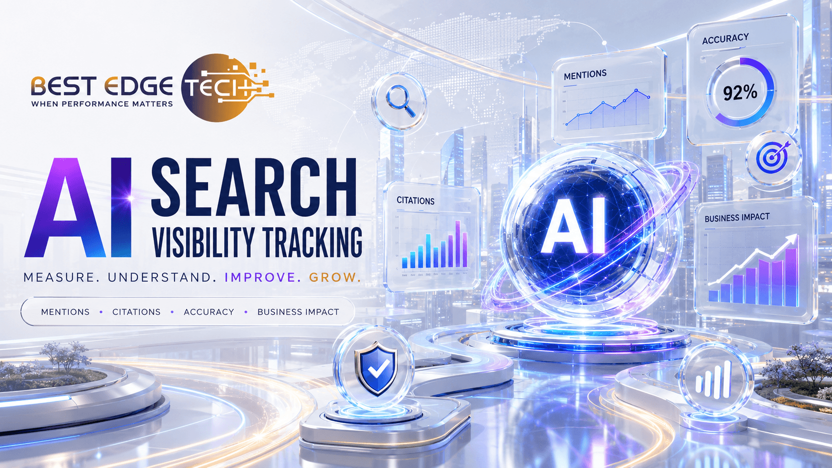 AI search visibility tracking banner with Best Edge Tech branding, AI analytics graphics, citations, mentions, accuracy and business impact