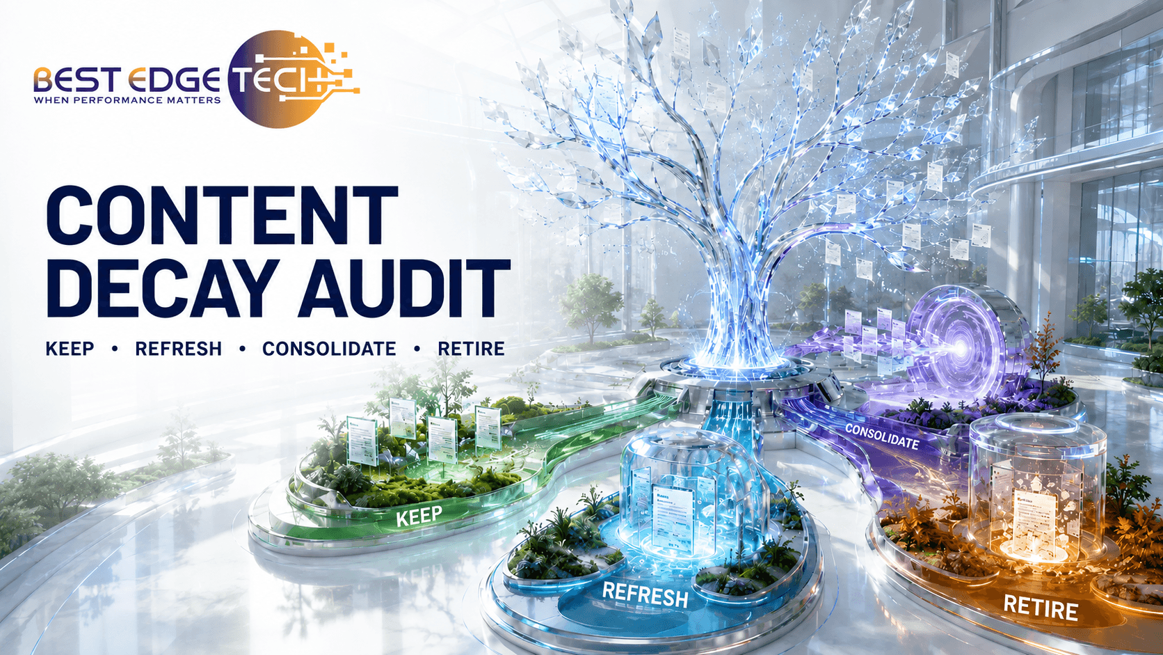Futuristic content decay audit illustrating keep, refresh, consolidate, and retire decisions