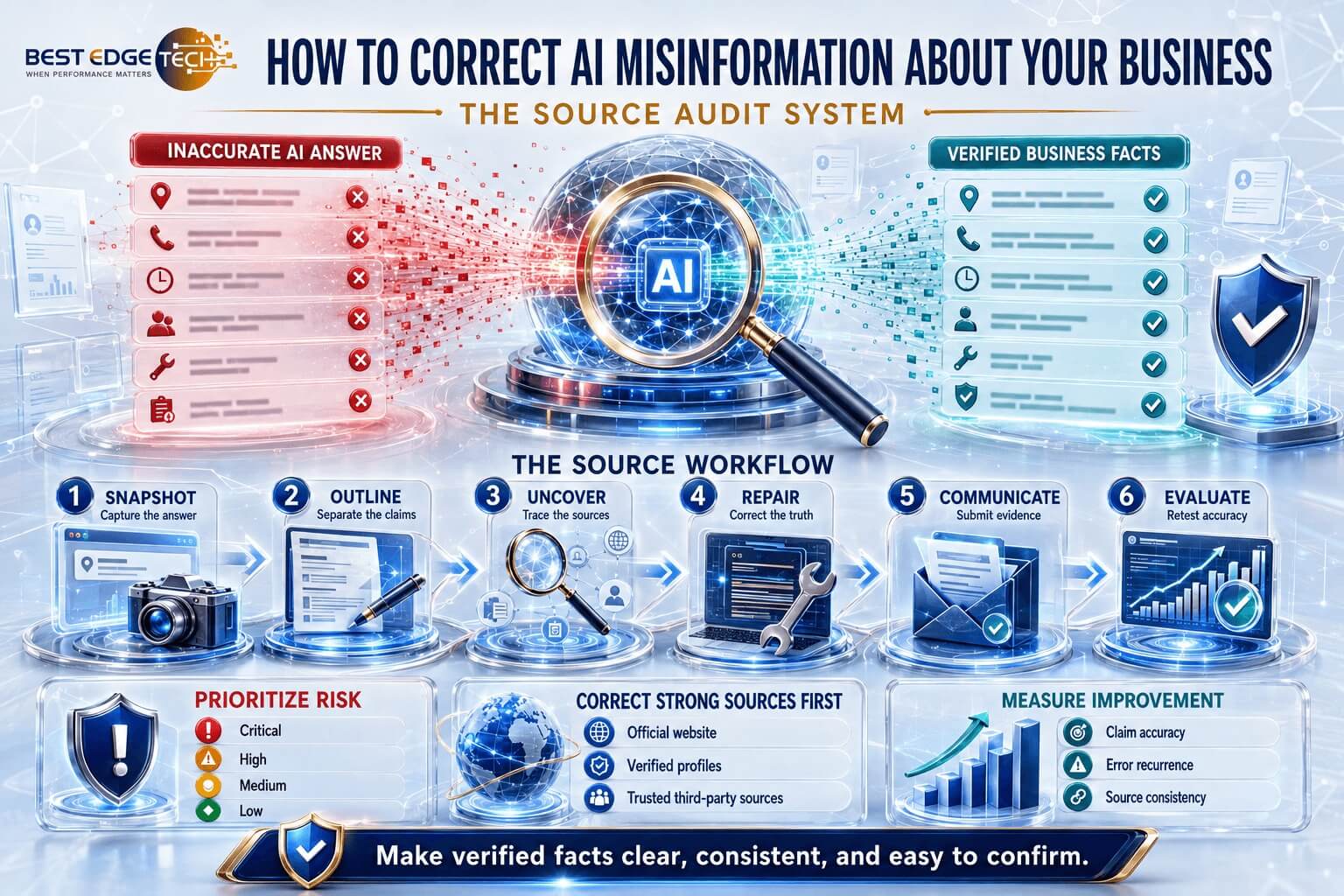 How to correct AI misinformation about your business by verifying facts, correcting sources, prioritizing risks, and monitoring accuracy.