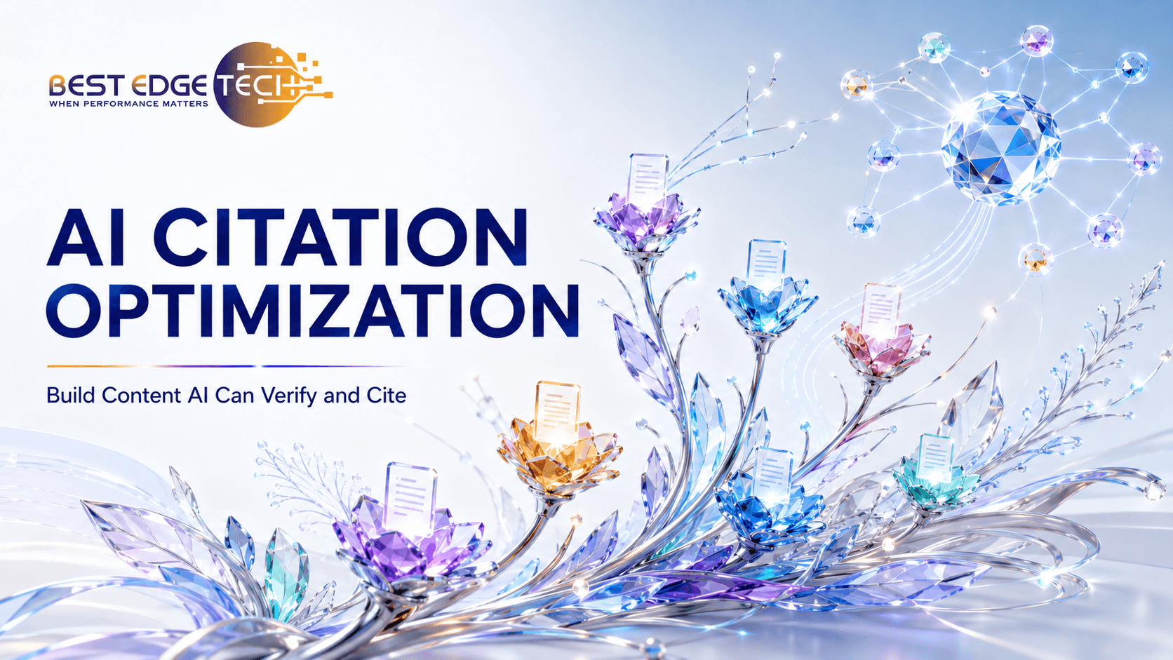 Colorful crystalline data forms connecting credible content with AI-powered search systems.