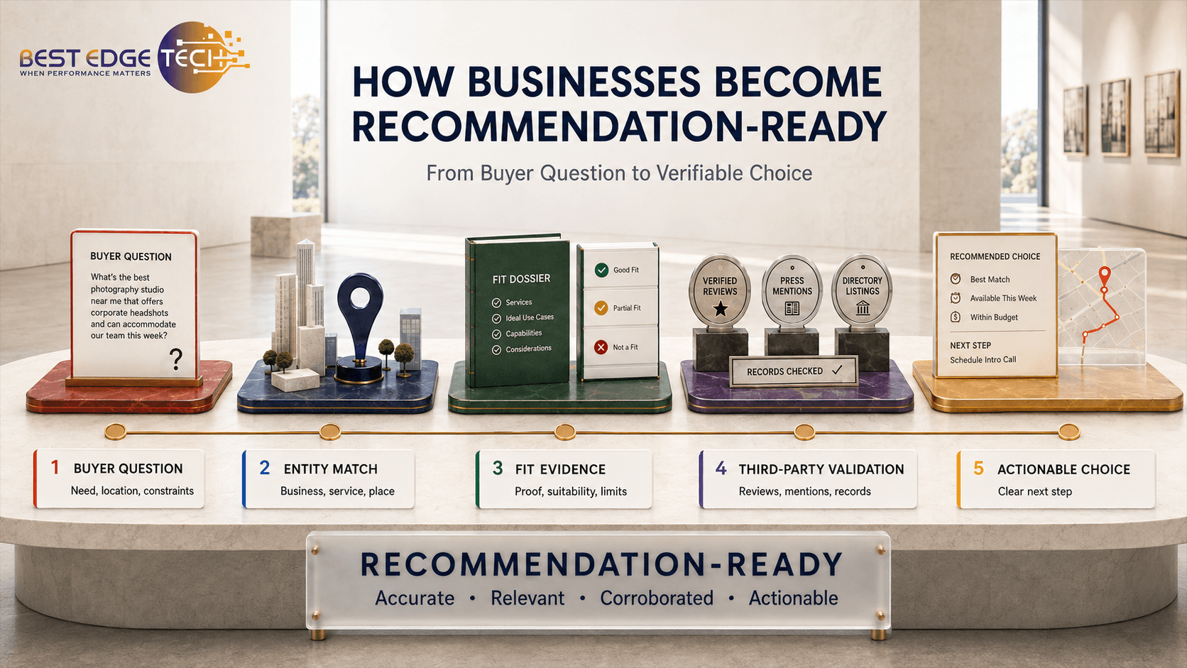 Five-stage infographic explaining how to get your business recommended by ChatGPT through entity matching, fit evidence and third-party validation.