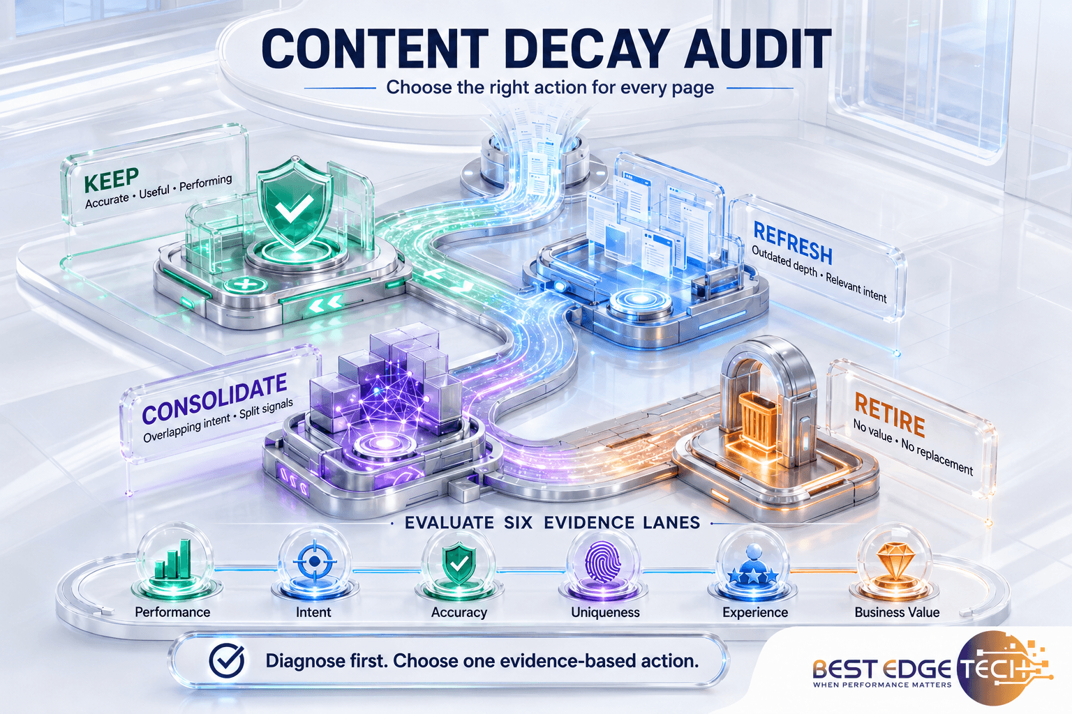 3D content decay audit showing keep, refresh, consolidate, and retire decisions in an AI laboratory