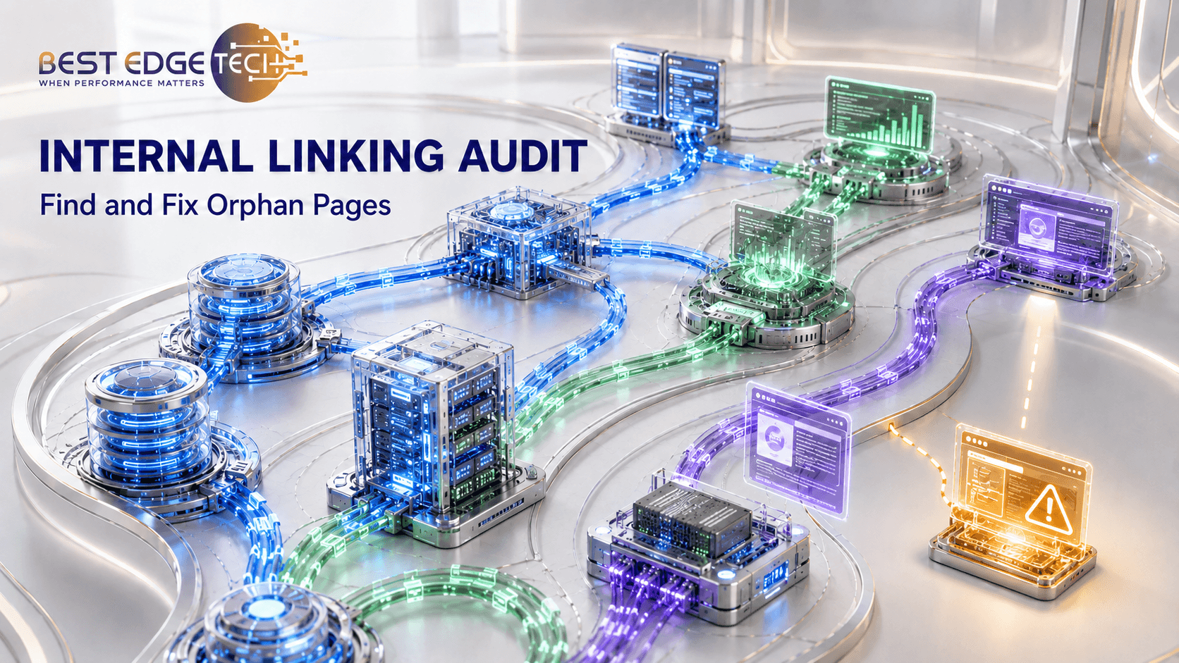 3D data infrastructure showing internal link pathways and an isolated orphan webpage.