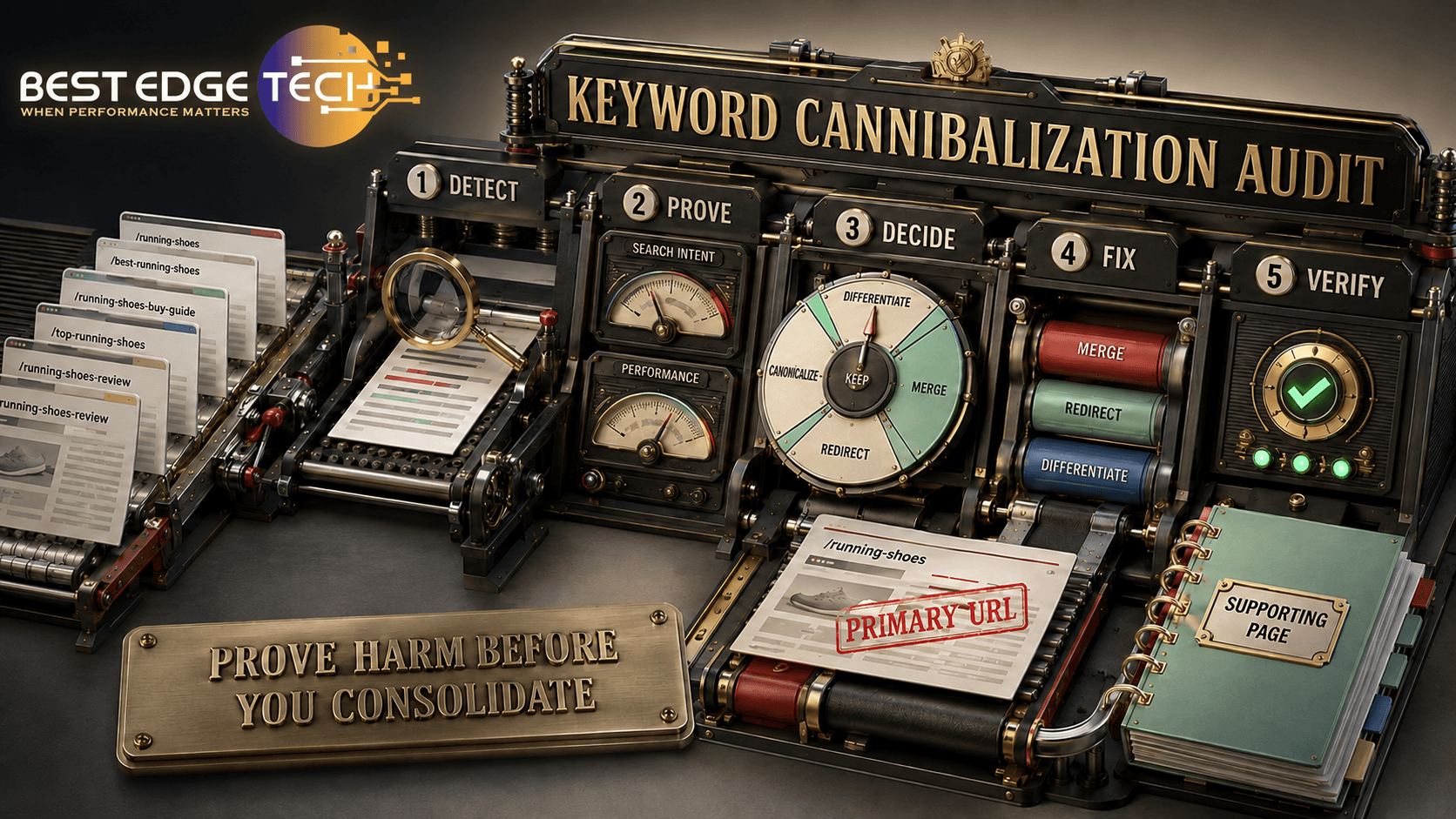 Mechanical publishing system illustrating a keyword cannibalization audit that detects competing pages and assigns URL ownership.