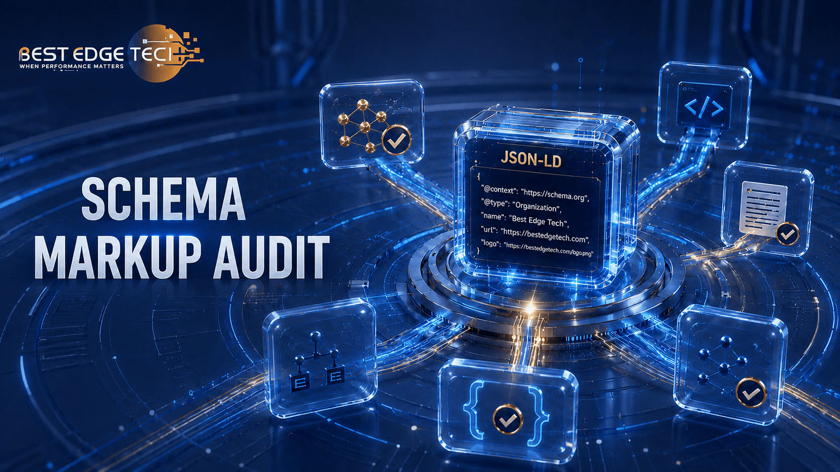 Futuristic JSON-LD dashboard representing a seven-step schema markup audit.