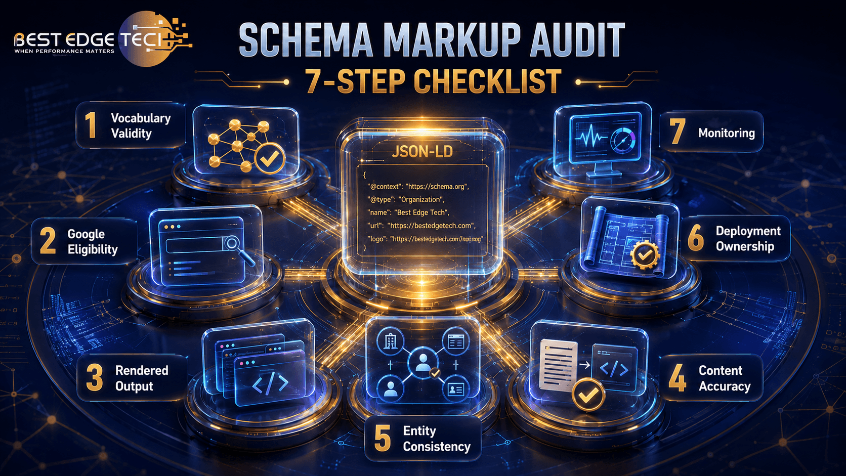 Seven-step schema markup audit infographic showing validity, Google eligibility, rendered output, content accuracy, entity consistency, ownership, and monitoring.