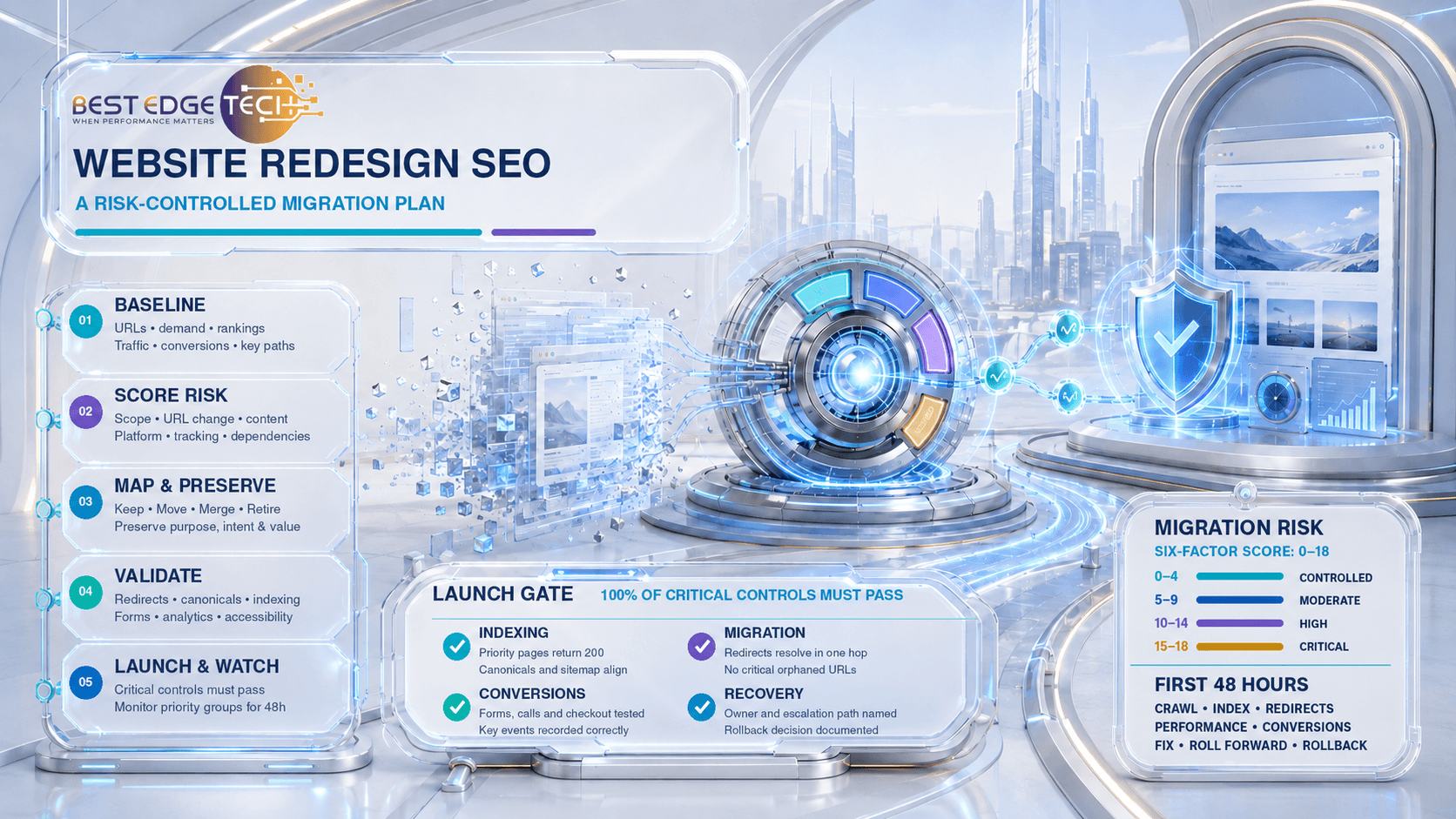 Website redesign SEO checklist infographic showing five migration phases, launch controls, risk scoring, and first-48-hours monitoring