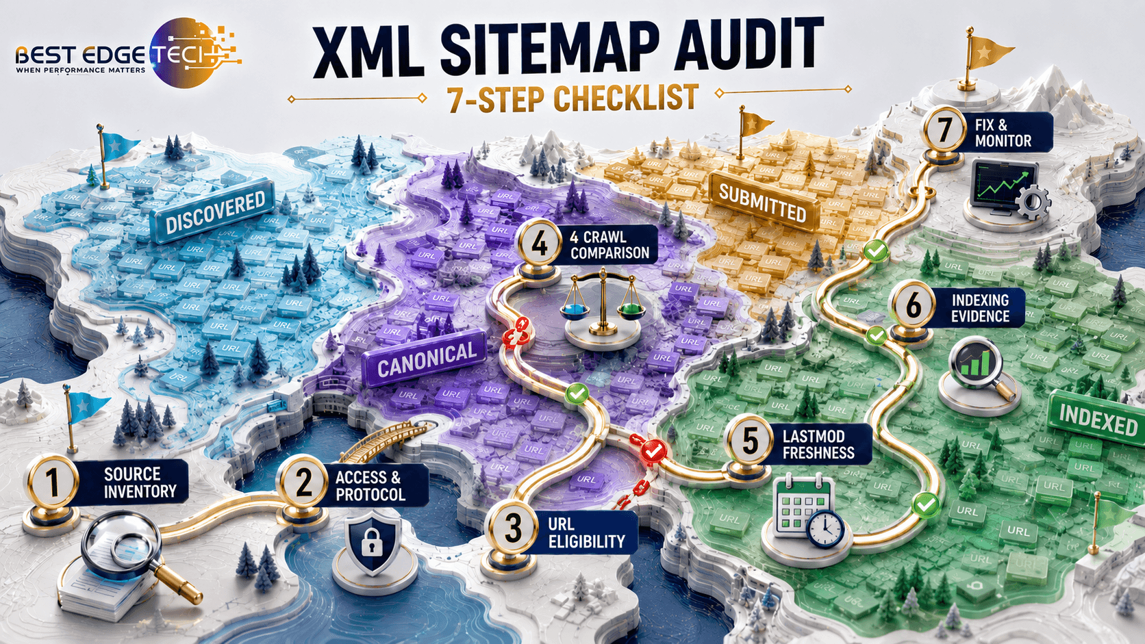 3D expedition map showing seven XML sitemap audit checkpoints across discovered, submitted, canonical, and indexed URL territories.