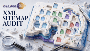 3D layered sitemap audit scene with colored paths identifying verified URLs, redirects, errors, and indexing gaps.