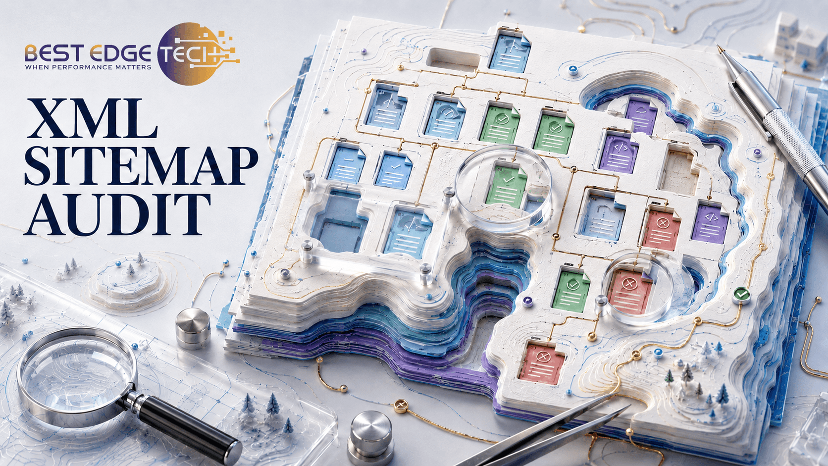 3D layered sitemap audit scene with colored paths identifying verified URLs, redirects, errors, and indexing gaps.