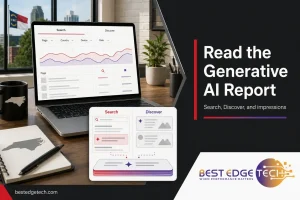 Dashboard-style generative ai report image showing Search and Discover reporting views with page, country, device, and date filters.