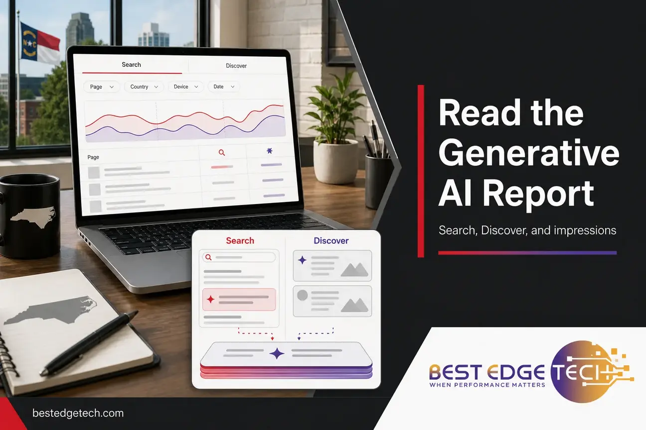 Dashboard-style generative ai report image showing Search and Discover reporting views with page, country, device, and date filters.