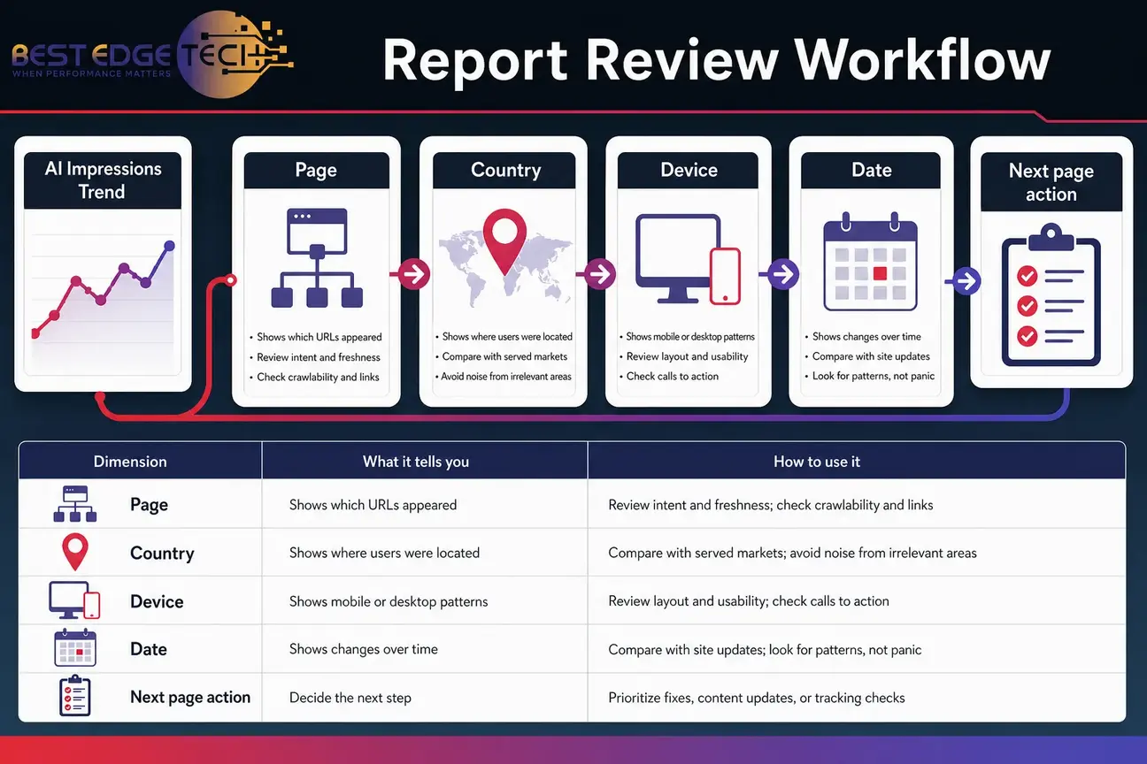 Workflow infographic for reviewing generative AI report data by page, country, device, and date.