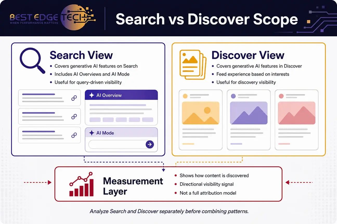 Infographic comparing Search and Discover scopes in Google generative AI reporting.