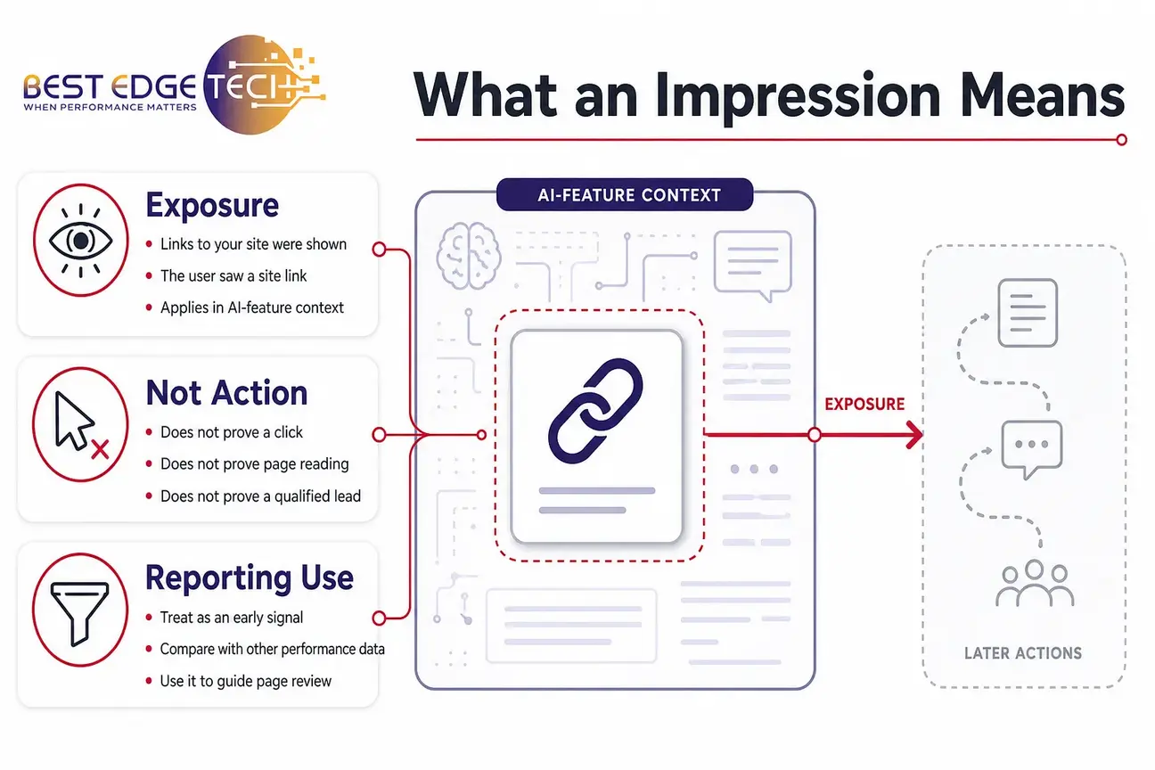 Callout infographic explaining that Search Console impressions show exposure, not clicks or leads.